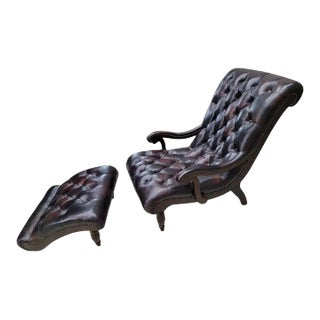 Vintage English Chesterfield Leather and Mahogany Lounge and Ottoman For Sale
