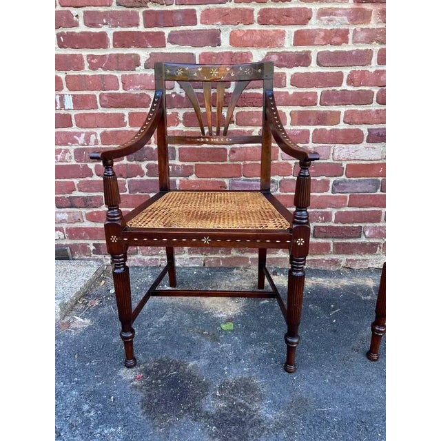 Pair of Antique Edwardian Mahogany Mother in Pearl Inlaid Armchairs For Sale - Image 11 of 12