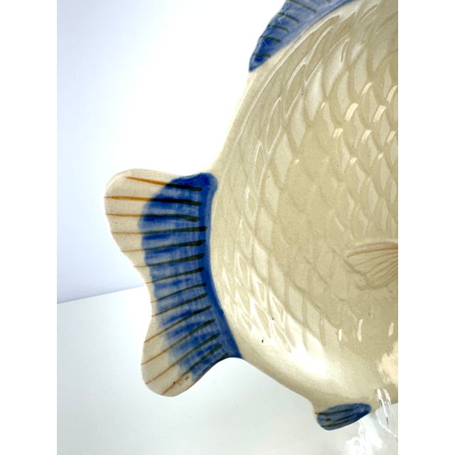 Blue Vintage Japanese Hand-Painted Ceramic Fish Plates & Serving Platter – Set of 7 For Sale - Image 8 of 12