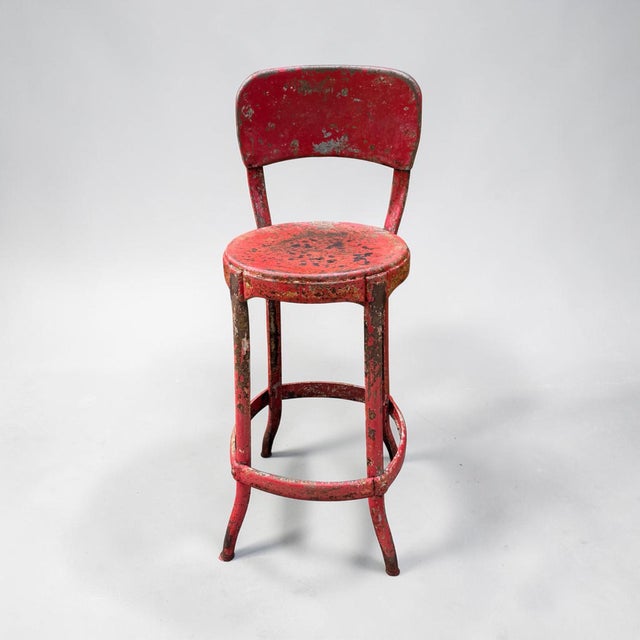 1940s Vintage Industrial Distressed Red Metal Machinist Counter Stool For Sale - Image 9 of 10