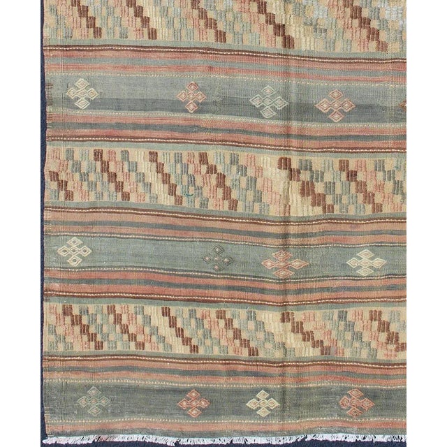 Turkish Vintage Turkish Kilim With Stripped Embroidery in Multi Warm Butter and Green For Sale - Image 3 of 13