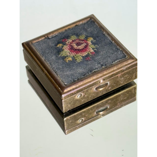 Victorian Vintage Mid Century Petit Point Floral Brass Pill Box Viennese Needlepoint Vanity Box For Sale - Image 3 of 12