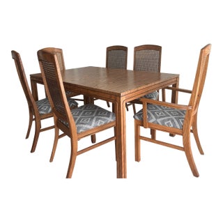 1980s Keller Cane Back Expandable Dining Table & Chairs – Set of 7 With Leaf For Sale