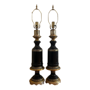 Late 20th Century Pair French Black Opaline and Gilt Bronze Table Lamp