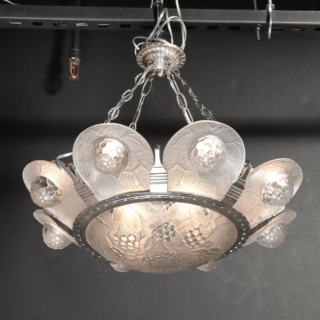 1930s Art Deco Frosted Glass Chandelier With Stylized Cubist Floral Motif For Sale - Image 15 of 18