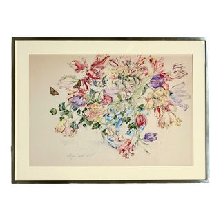 Large Floral Still Life Watercolor Painting With Butterflies, 1989, Modern Frame For Sale