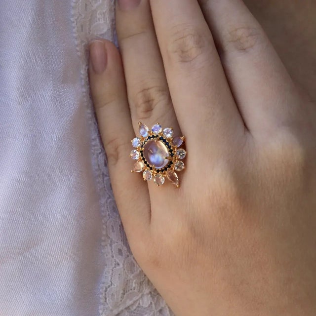 Not Yet Made - Made To Order Kai Moonstone Sapphire Cocktail Ring in 14k Solid Gold, size 6.5 For Sale - Image 5 of 12