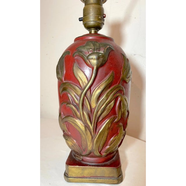 Antique Heavy Bronze Clad Polychromed Red Flower Relief Electric Table Lamp For Sale In New York - Image 6 of 11