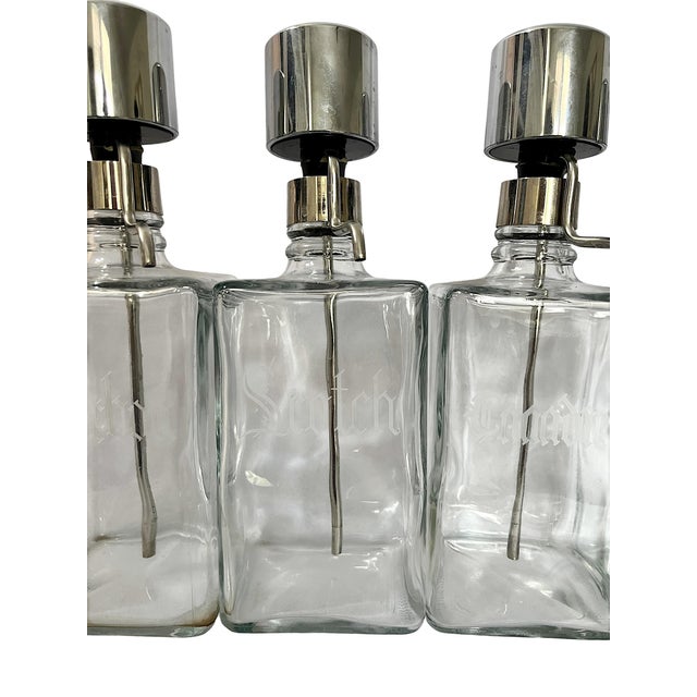 Metal Vintage Mid-Century Etched Glass & Chrome Liquor Dispenser Bar Bottles — Set of 6 For Sale - Image 7 of 13