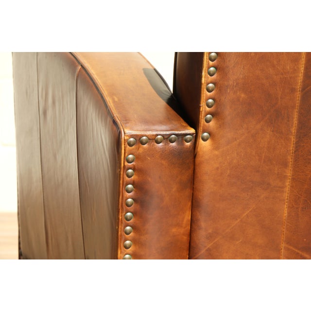 Art Deco Revival Distressed Brown Leather Club Chair & Ottoman, Circa 1980s For Sale - Image 11 of 18