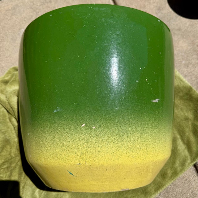 1970s Mid Century Modern FUN Green & Yellow Glazed Pottery Planter 14”x13” MCM Mystery maker in green to yellow ombré w...