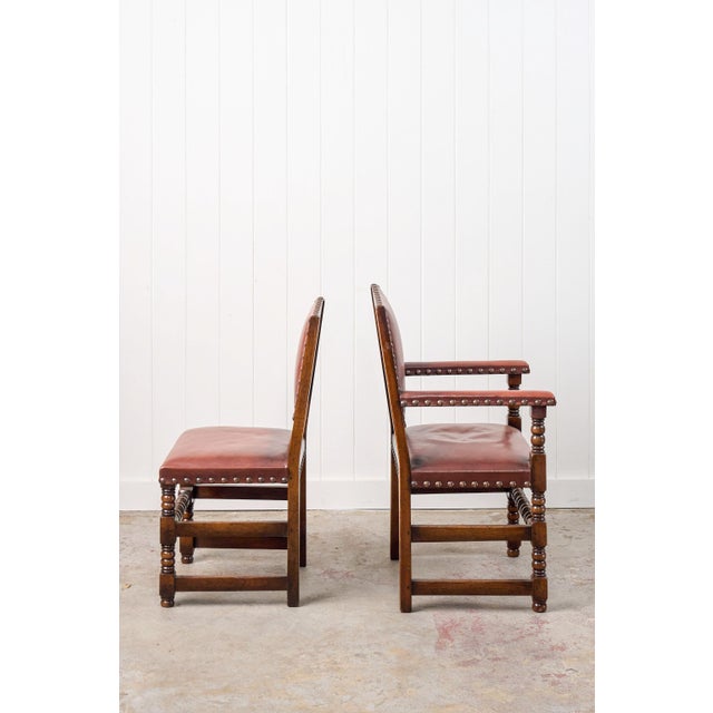 Set of 10 | English Cromwellian Style Oak Bobbin Stretcher Base Dining Chairs With Leather Upholstery (C. 1920) For Sale - Image 4 of 10