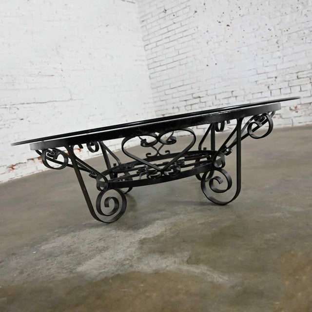Spanish Revival Vintage Rustic Spanish Revival Style Coffee Table Hand Wrought Iron Round With Glass Top For Sale - Image 3 of 17