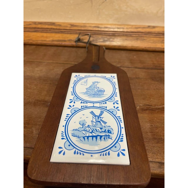 Vintage Decorative Wooden Board With Dutch Folk Delft Style Tiles For Sale In Seattle - Image 6 of 8