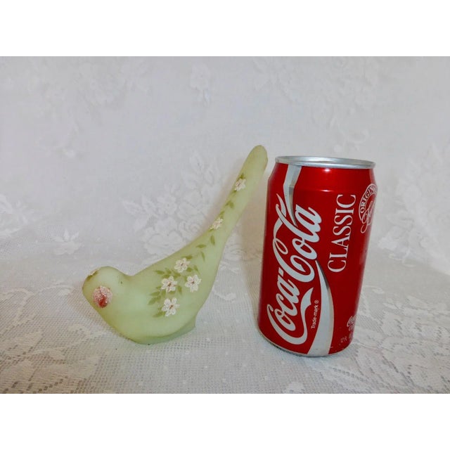 Green Vintage Mid 20th Century Fenton "Happiness Bird" Green Custard Satin Glass Glitter Pink Flowers Signed by B. Montgomery For Sale - Image 8 of 9