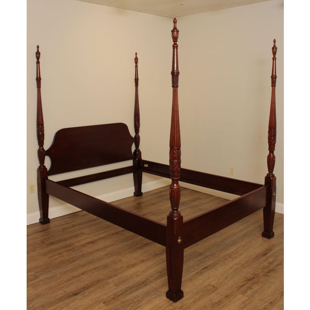 High Quality American Made Carved Solid Mahogany Queen Size Bed Frame by Link Taylor (Not Labeled) No Cross Slot Supports