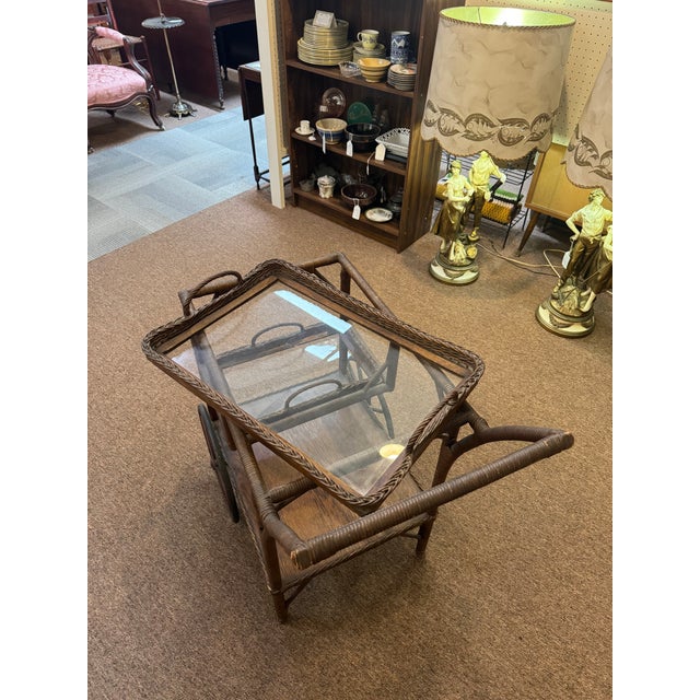 Victorian Early 20th Century Heywood Wakefield Wicker Victorian Tea/Bar Cart For Sale - Image 3 of 7