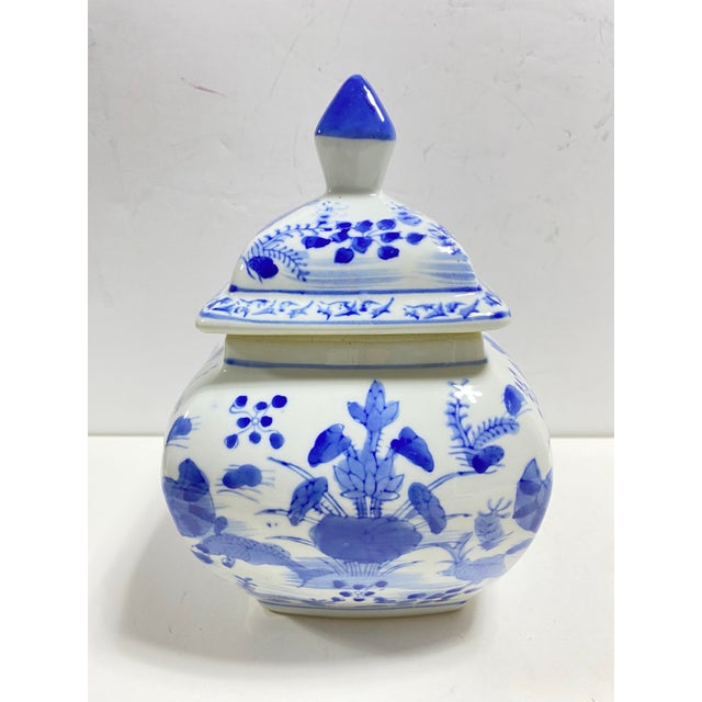 Chinoiserie Vintage Blue & White Lidded Koi Fish Chinoiserie Porcelain Ginger Jar For Sale - Image 3 of 10