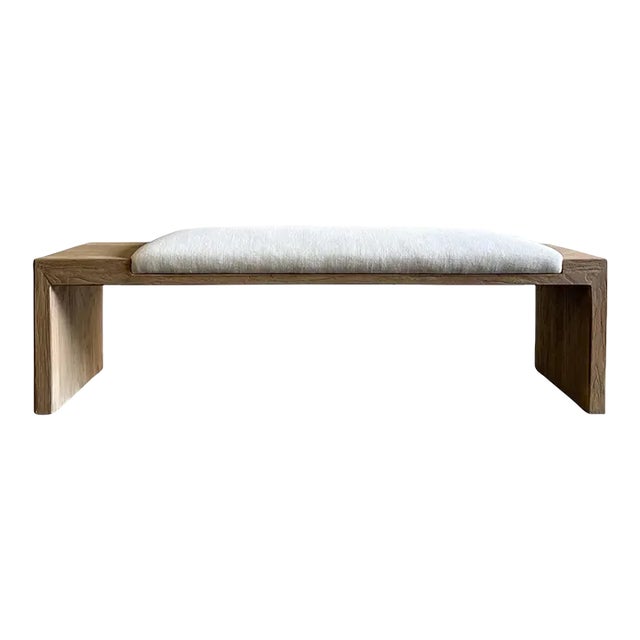Elm Wood Bench With Linen Upholstery - Off Center For Sale