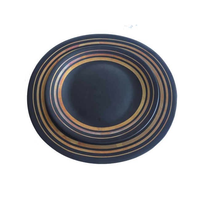 Offered is a rare find very cool set of oval porcelain dinner and salad plates in the Orbit Creation pattern from Block...