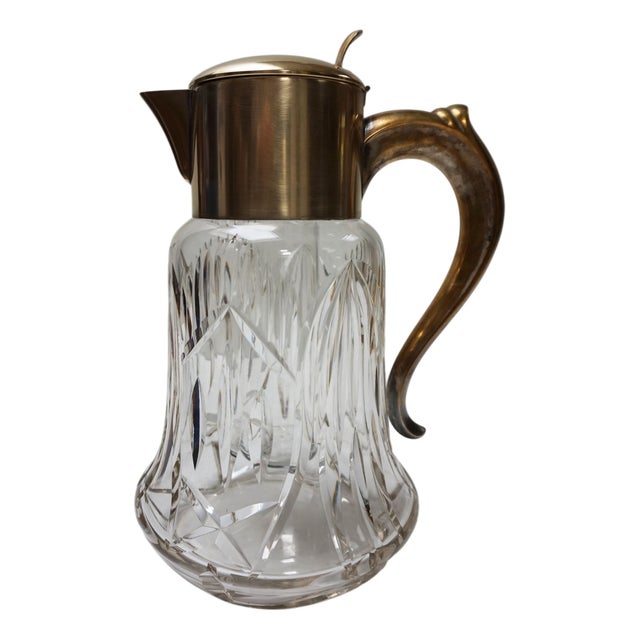 Large Vintage Gilded Cut Crystal Glass Pitcher with Ice Insert, 1930s For Sale