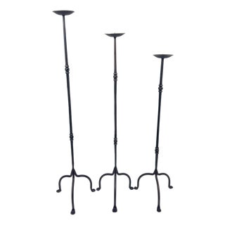 Hand Forged Iron Candelabra Set of 3 (93-113cm) Antique Copper Finish Slender Stem with Compact Arched Base For Sale