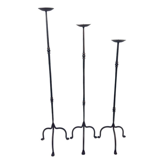 Hand Forged Iron Candelabra Set of 3 (93-113cm) Antique Copper Finish Slender Stem with Compact Arched Base For Sale