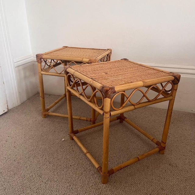 Wood Bamboo Bedside Tables with Detailing, Set of 2 For Sale - Image 7 of 8