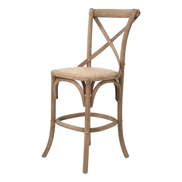 Parisienne Counter Stool with Rattan Seat - Linen / Natural Oak Frame For Sale