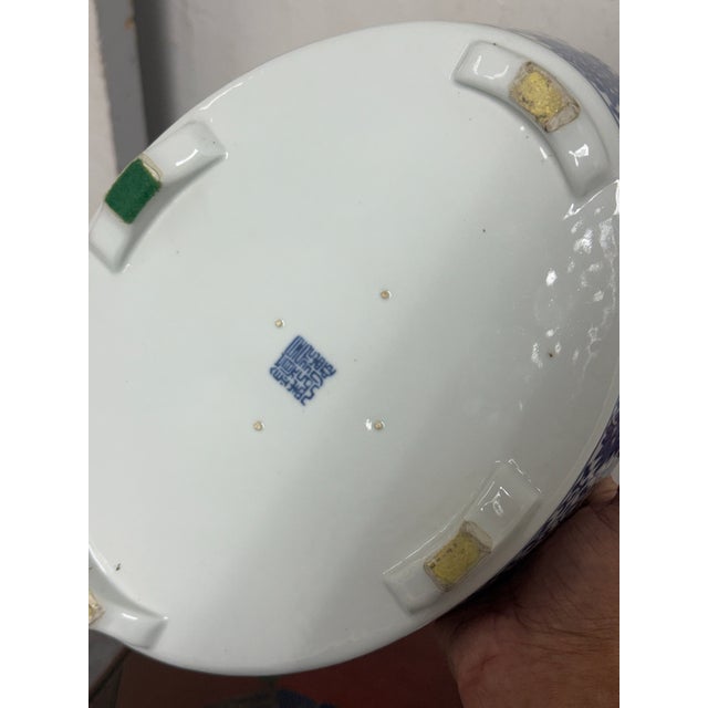 Blue + White Chinoiserie Vintage Ceramic Oval Planters, Pair For Sale - Image 10 of 12