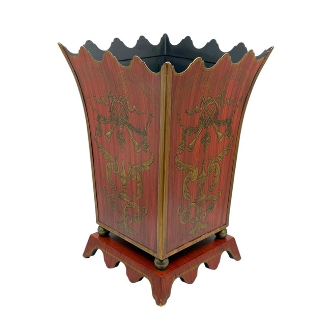 Rustic European Maitland-Smith Style Red Toile Scalloped Metal Wastebasket For Sale - Image 3 of 12