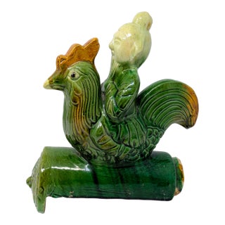 Antique Chinese Qing Dynasty Sancai-Glazed Roof Tile: Immortal Riding Rooster For Sale