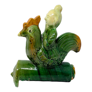 Antique Chinese Qing Dynasty Sancai-Glazed Roof Tile: Immortal Riding Rooster