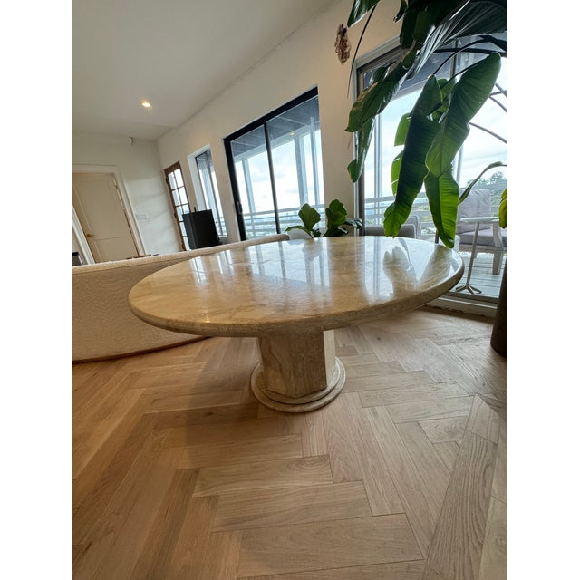 1960s Hollywood Regency Round Post Modern Pedestal Base Beige Marble Dining Center Table For Sale In Los Angeles - Image 6 of 6