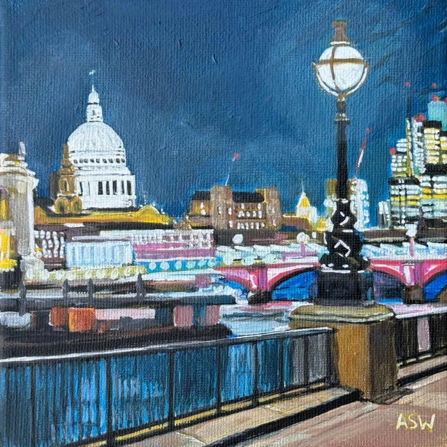 Miniature Painting of Victoria Embankment London & St Pauls Cathedral at Night - a unique original from leading...