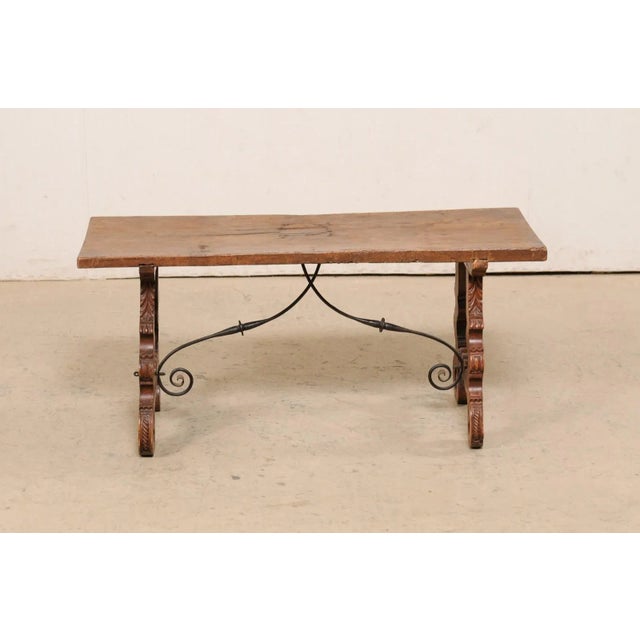 Antique Spanish Wooden Coffee Table with Carved Lyre-Legs and Iron Stretchers For Sale - Image 12 of 13