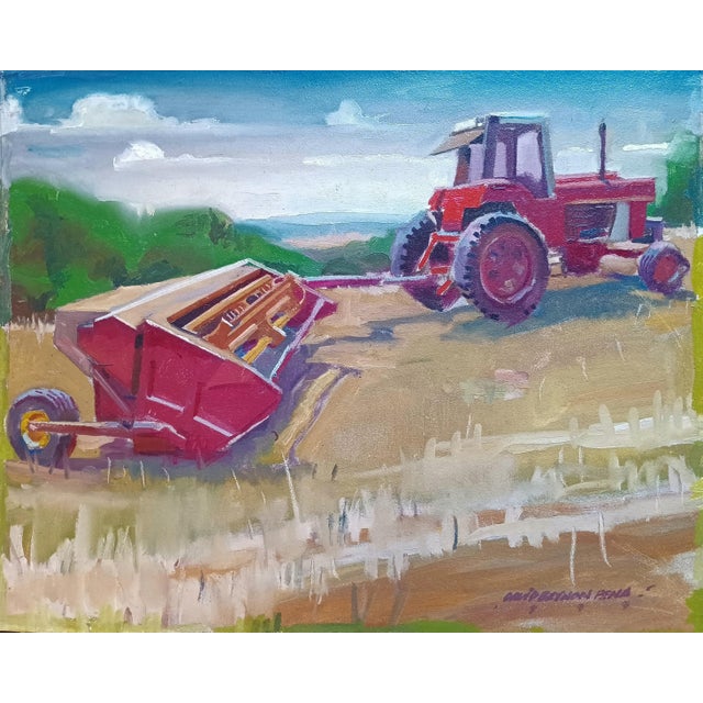 This 1997 original oil painting by David Beynon Pena depicts a rural scene of a hay mower in the field, ready to get to...