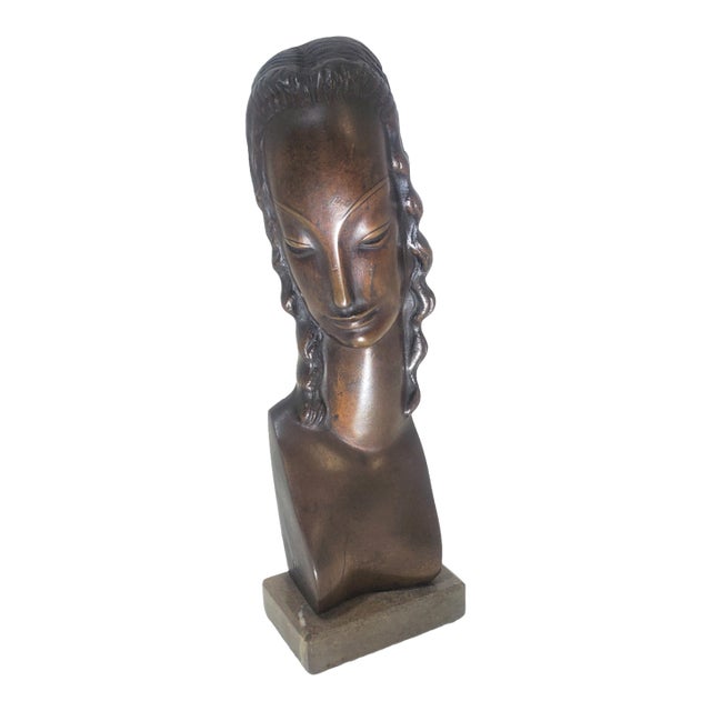 Early 20th Century Minimalist Bronze Sculpture / Portrait / Bust of a Woman by Adam Antes For Sale