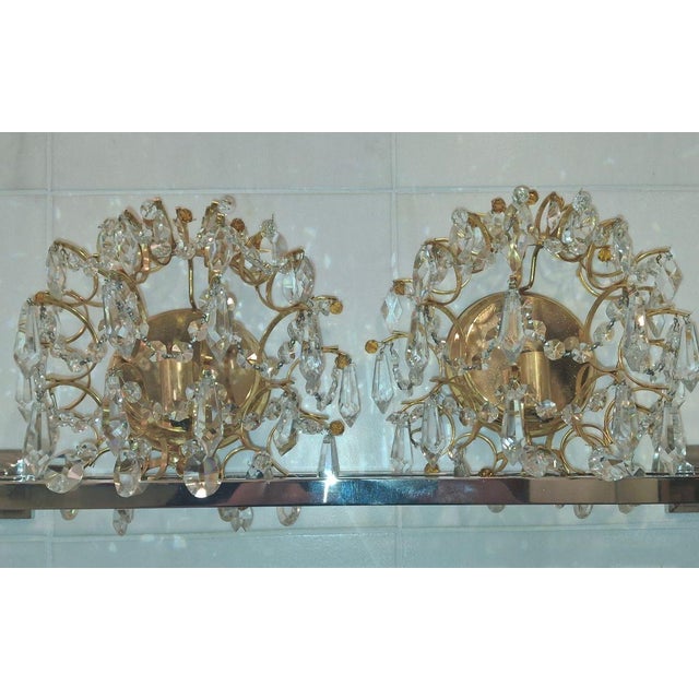 Glass Luxe 1950's Hollywood Regency 24k Plate Frame Austrian Crystal 1/2 Orb Wall Sconces Attributed to Palwa a - Pair For Sale - Image 7 of 17