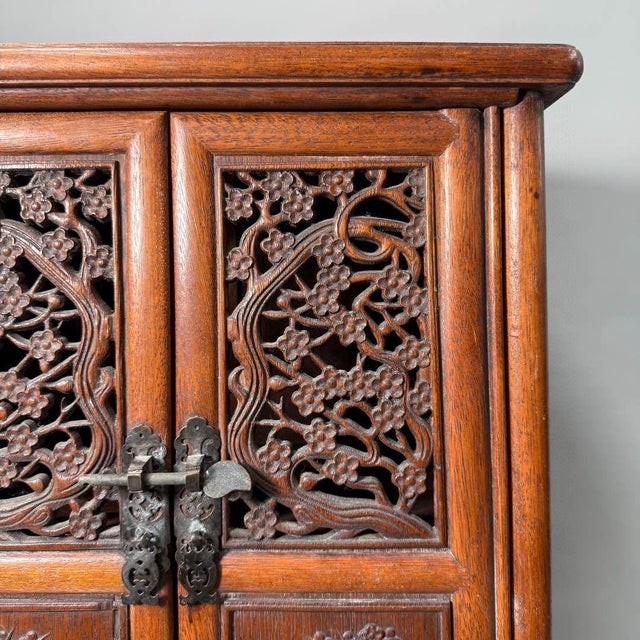 1990s Carved Hardwood Two-Door Cabinet With Plum Blossom Motifs For Sale - Image 9 of 9