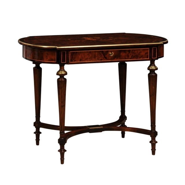 Late 19th Century Italian 1890s Walnut, Mahogany and Brass Side Table with Floral Marquetry Décor For Sale - Image 5 of 12