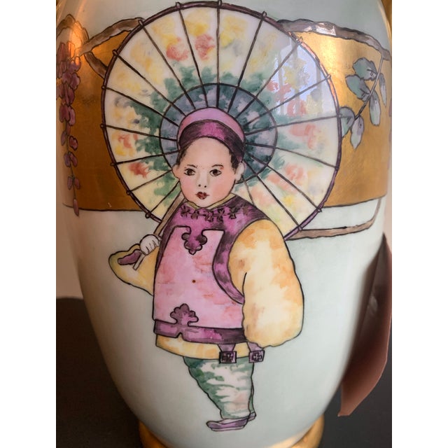 1920s Antique Vintage Limoges Porcelain 2 Handled Vase Chinese Child With Her Umbrella Circa 1920 For Sale - Image 5 of 11