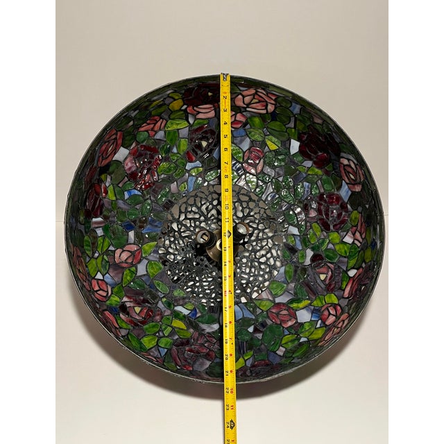 Metal Vintage Tiffany Style Stained Glass Rose Bush Hanging Ceiling Lamp 21.5" Diameter For Sale - Image 7 of 9