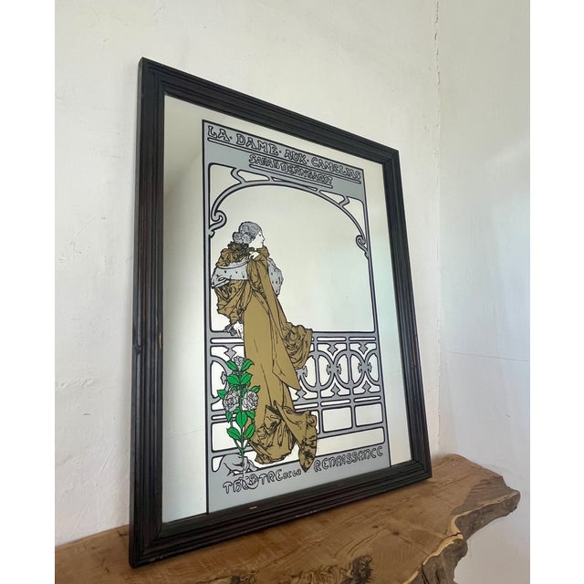 Beautiful vintage Alphonse Mucha Art Nouveau mirror featuring La Dame aux Camélias, Sarah Bernhardt theatre advertising....