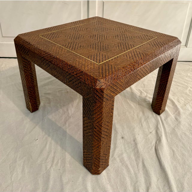Wood Attributed Harrison Van Horn Woven Reed Side Table With Geometric Pattern & Brass Inlay For Sale - Image 7 of 12