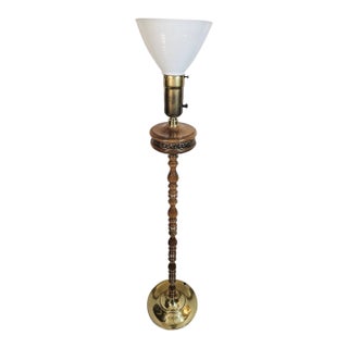 Vintage MCM Torchiere Style Wooden & Brass Floor Lamp Milk Glass Shade For Sale