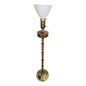 Vintage MCM Torchiere Style Wooden & Brass Floor Lamp Milk Glass Shade