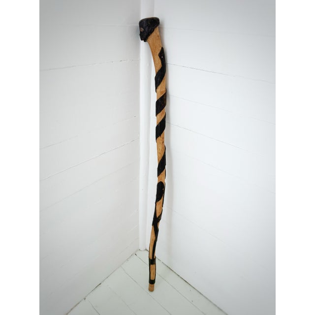 Vintage Hand-Carved Snake Walking Cane in Wood With Black Spiral Folk Art Design For Sale - Image 12 of 12