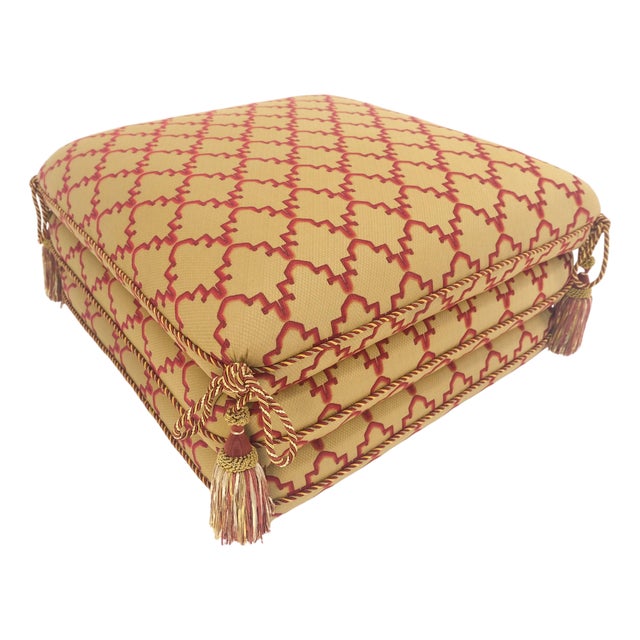 Fancy Sandwich Style Upholstered Pouf Ottoman Hassock Tassels Decorated MINT For Sale