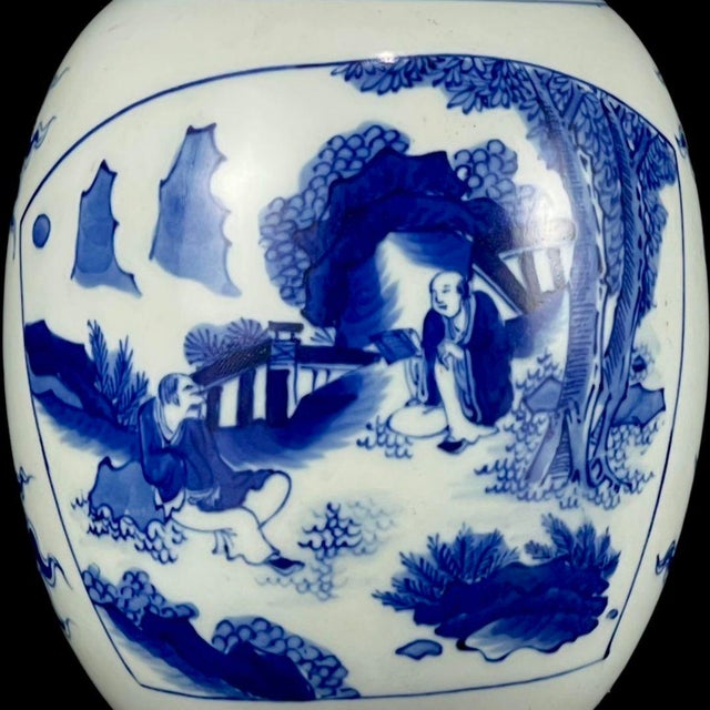 Ceramic Vintage Blue and White Porcelain Lidded Jar With Figural Landscape Panels For Sale - Image 7 of 8